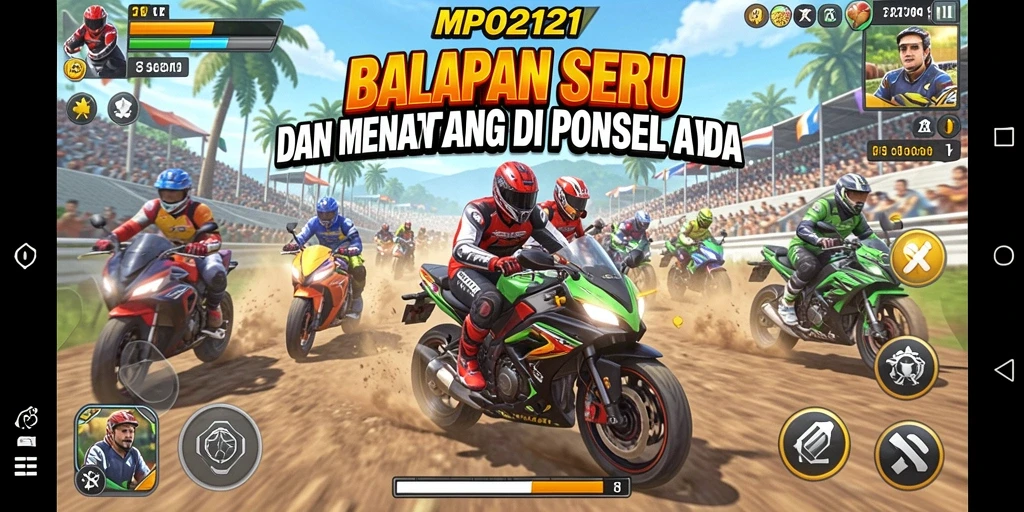 Tangkapan layar gameplay seru dari MPO2121 yang menampilkan aksi balapan.