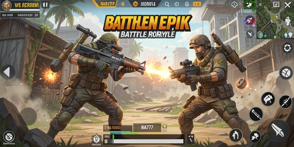 Tampilan aksi seru dalam gameplay NA777 di arena Battle Royale.