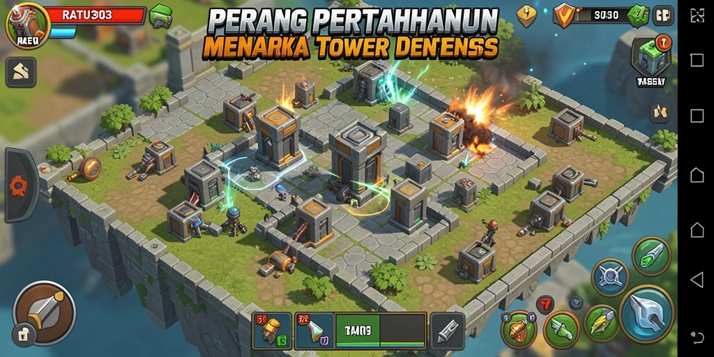Screenshot menampilkan aksi intens dalam gameplay Tower Defense RATU303.