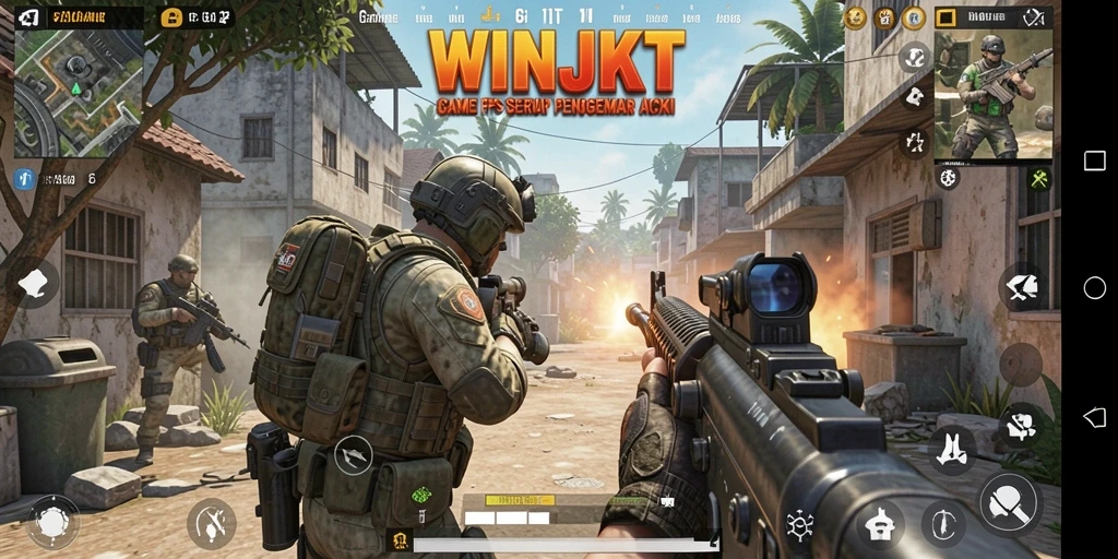 Screenshot gameplay WINJKT menunjukkan aksi tembak-menembak yang intens.