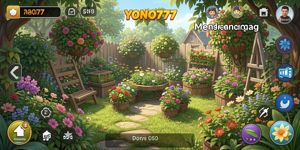 Tampilan gameplay YONO777 menampilkan kebun yang subur dan beragam tanaman.